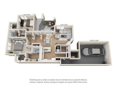 Floor plan for 2 beds, 2 baths, 1125 sqft